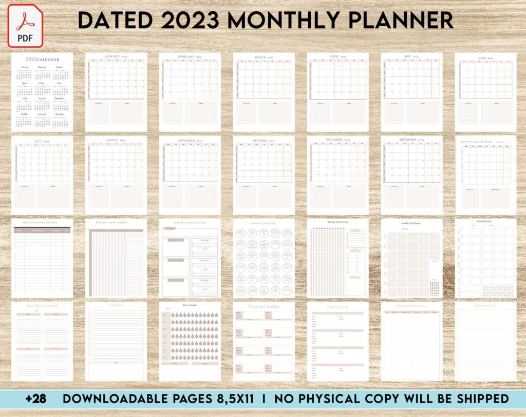 Dated 2023 Montly Planner 28 Pages 8.5×11 or A4, Printable with 2023 Calendar, also used as KDP interior COMMERCIAL USE