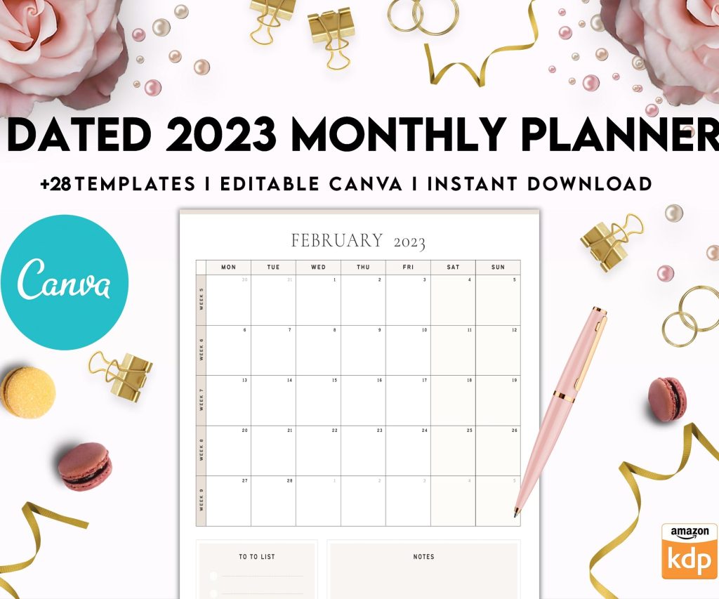 Dated 2023 Montly Planner +28 Canva Templates 8.5×11, Printable & Editable with 2023 Calendar, also used as KDP interior COMMERCIAL USE