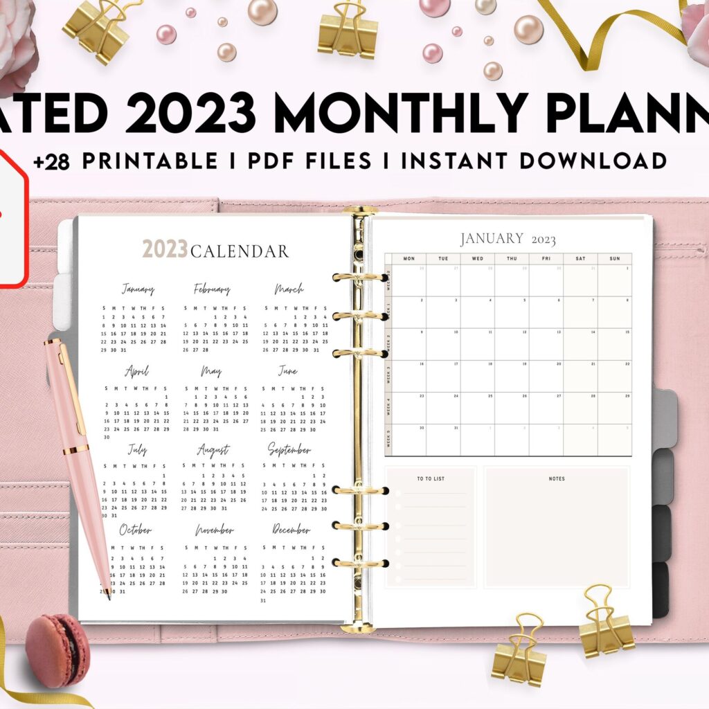 Dated 2023 Montly Planner 28 Pages 8.5×11 or A4, Printable with 2023 Calendar, also used as KDP interior COMMERCIAL USE