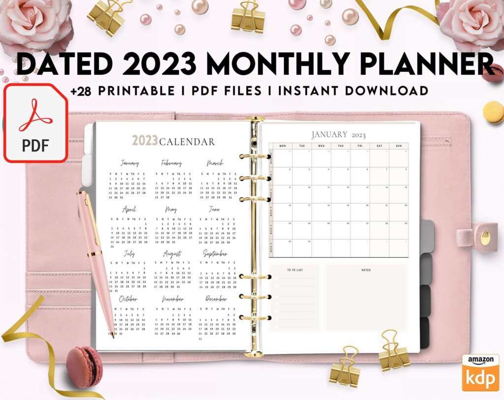 Dated 2023 Montly Planner 28 Pages 8.5×11 or A4, Printable with 2023 Calendar, also used as KDP interior COMMERCIAL USE