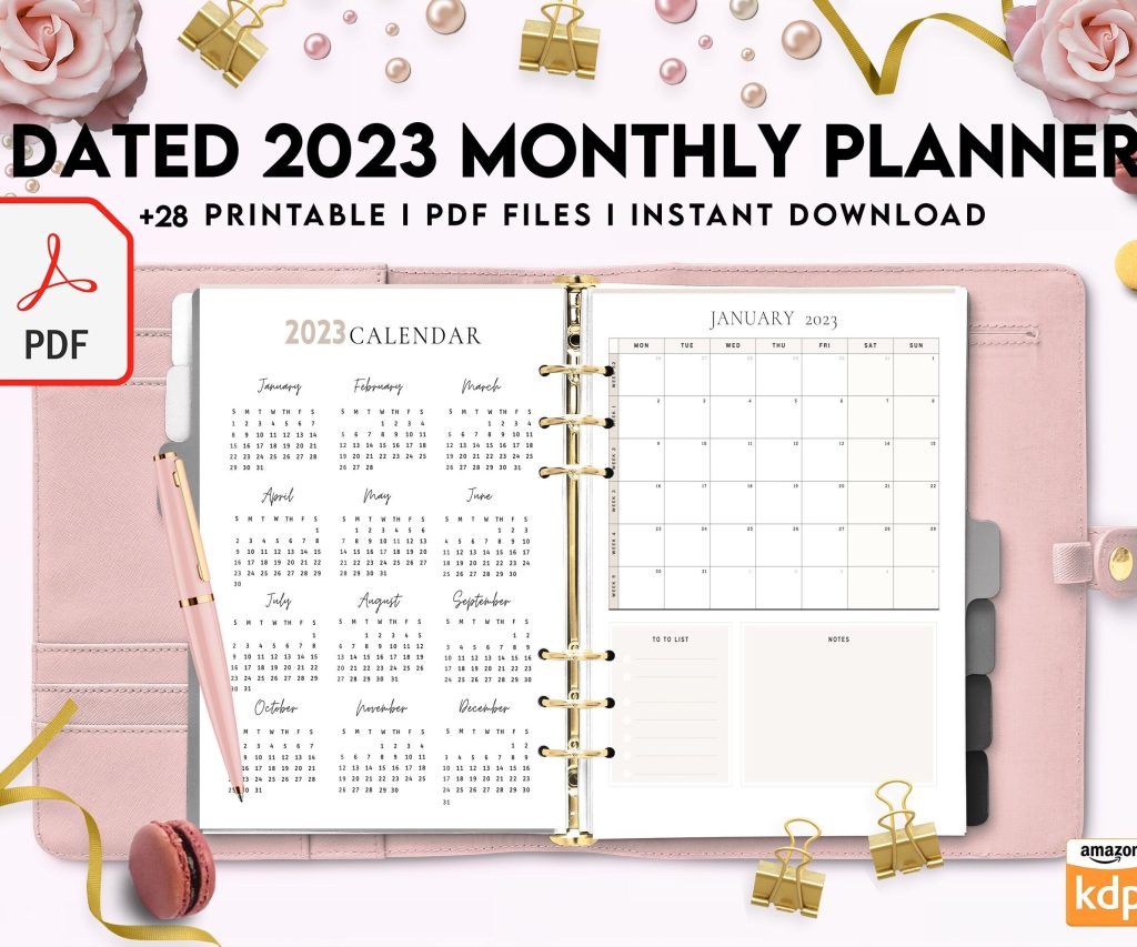 Dated 2023 Montly Planner 28 Pages 8.5×11 or A4, Printable with 2023 Calendar, also used as KDP interior COMMERCIAL USE