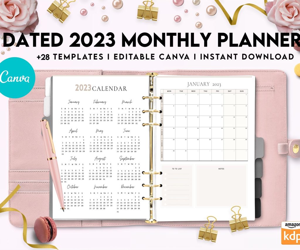 Dated 2023 Montly Planner +28 Canva Templates 8.5×11, Printable & Editable with 2023 Calendar, also used as KDP interior COMMERCIAL USE