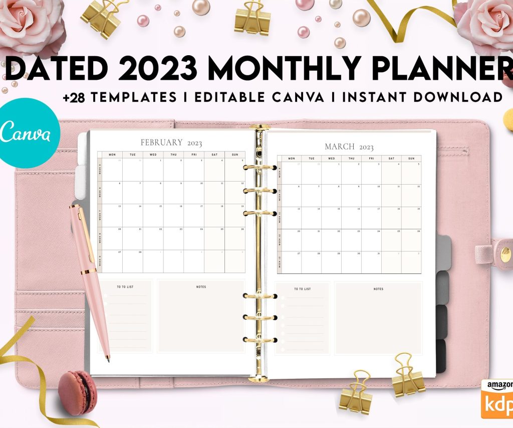 Dated 2023 Montly Planner +28 Canva Templates 8.5×11, Printable & Editable with 2023 Calendar, also used as KDP interior COMMERCIAL USE