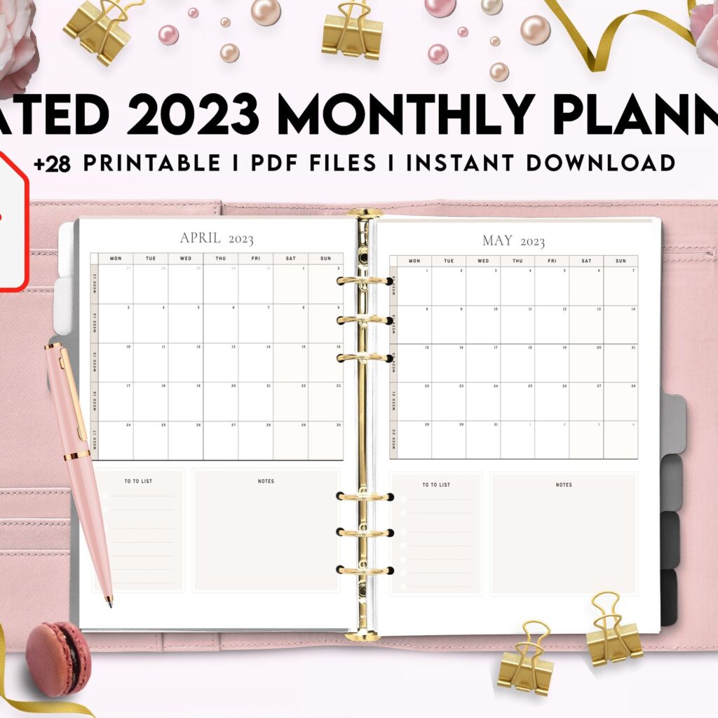 Dated 2023 Montly Planner 28 Pages 8.5×11 or A4, Printable with 2023 Calendar, also used as KDP interior COMMERCIAL USE