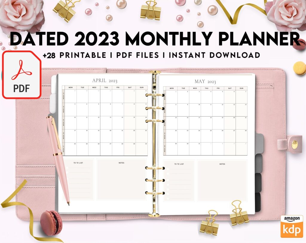 Dated 2023 Montly Planner 28 Pages 8.5×11 or A4, Printable with 2023 Calendar, also used as KDP interior COMMERCIAL USE