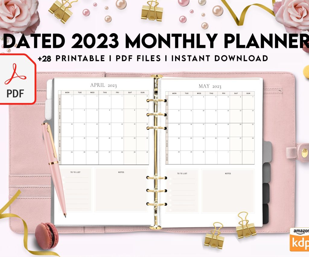 Dated 2023 Montly Planner 28 Pages 8.5×11 or A4, Printable with 2023 Calendar, also used as KDP interior COMMERCIAL USE