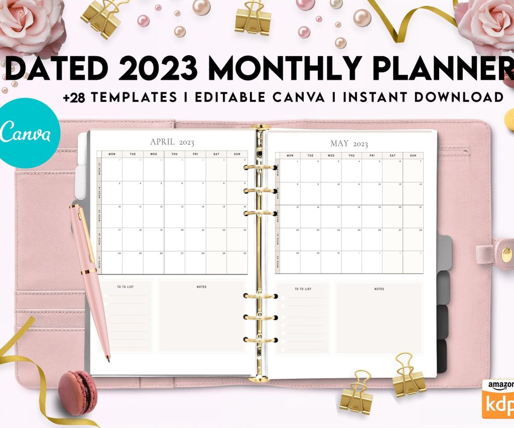 Dated 2023 Montly Planner +28 Canva Templates 8.5×11, Printable & Editable with 2023 Calendar, also used as KDP interior COMMERCIAL USE