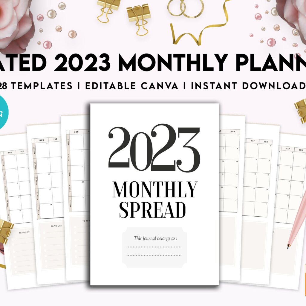 Dated 2023 Montly Planner +28 Canva Templates 8.5×11, Printable & Editable with 2023 Calendar, also used as KDP interior COMMERCIAL USE