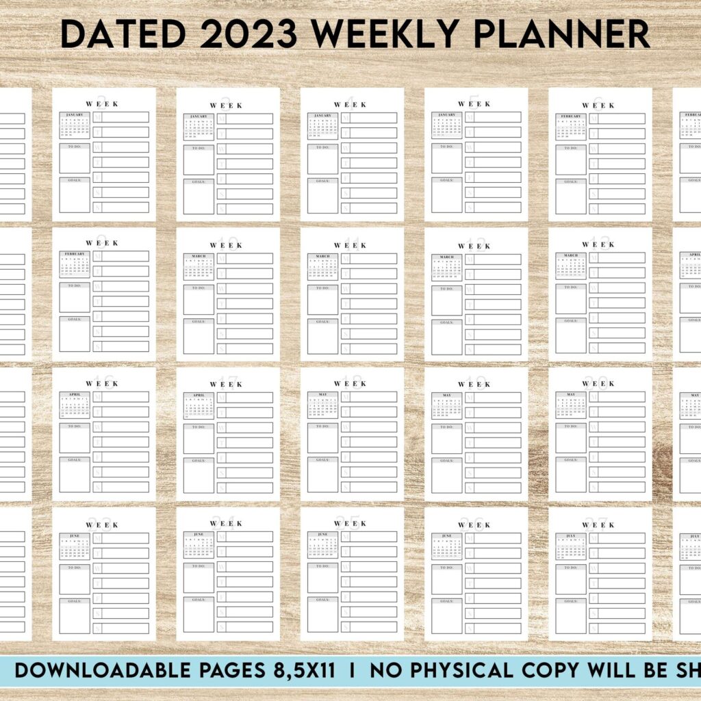 Dated 2023 Weekly Planner 52 Pages 8.5×11 or A4, Printable with 2023 Calendar, also used as KDP interior COMMERCIAL USE