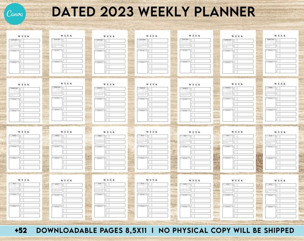 Dated 2023 Weekly spread Planner +52 Canva Templates 8.5×11, Printable & Editable with 2023 Calender, also used as KDP interior COMMERCIAL USE