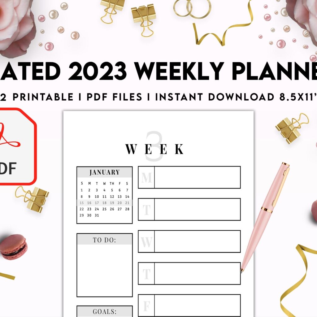 Dated 2023 Weekly Planner 52 Pages 8.5×11 or A4, Printable with 2023 Calendar, also used as KDP interior COMMERCIAL USE
