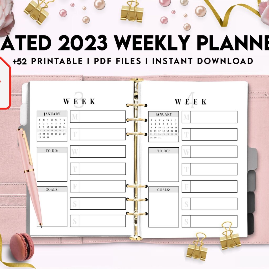 Dated 2023 Weekly Planner 52 Pages 8.5×11 or A4, Printable with 2023 Calendar, also used as KDP interior COMMERCIAL USE
