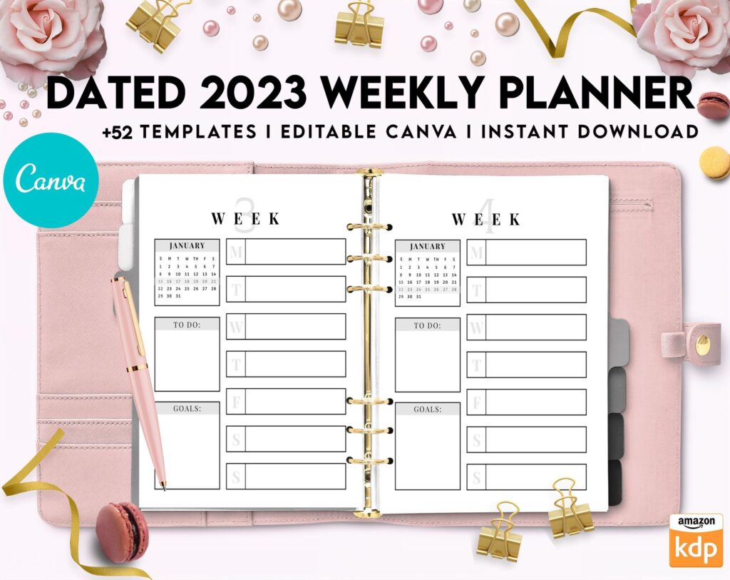 Dated 2023 Weekly spread Planner +52 Canva Templates 8.5×11, Printable & Editable with 2023 Calender, also used as KDP interior COMMERCIAL USE