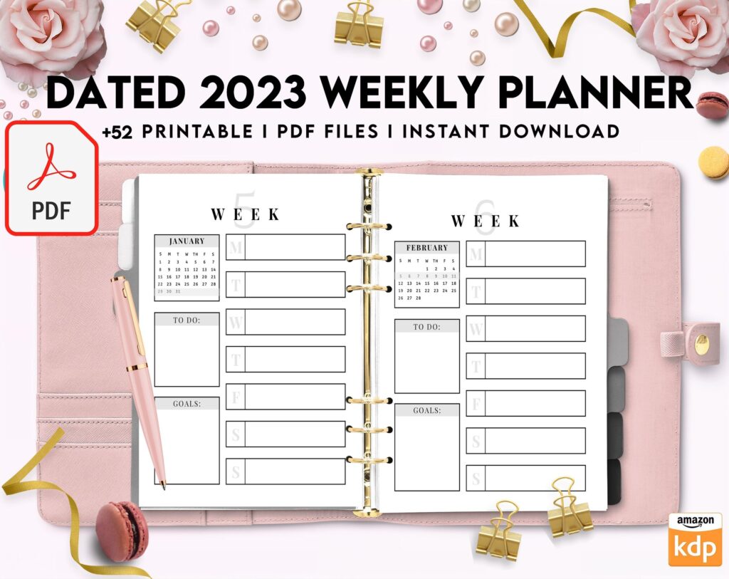 Dated 2023 Weekly Planner 52 Pages 8.5×11 or A4, Printable with 2023 Calendar, also used as KDP interior COMMERCIAL USE