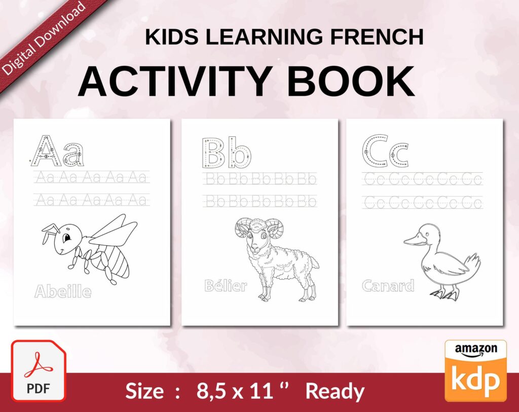 kids learning French Activity book PDF File 8.5×11 inch For Kids aged 2-4 4-8, KDP interior Ready To Upload COMMERCIAL Use