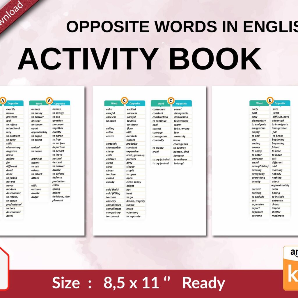 Opposite words in english Activity book PDF File 8.5×11 inch For Kids aged 2-4 4-8, KDP interior Ready To Upload COMMERCIAL Use