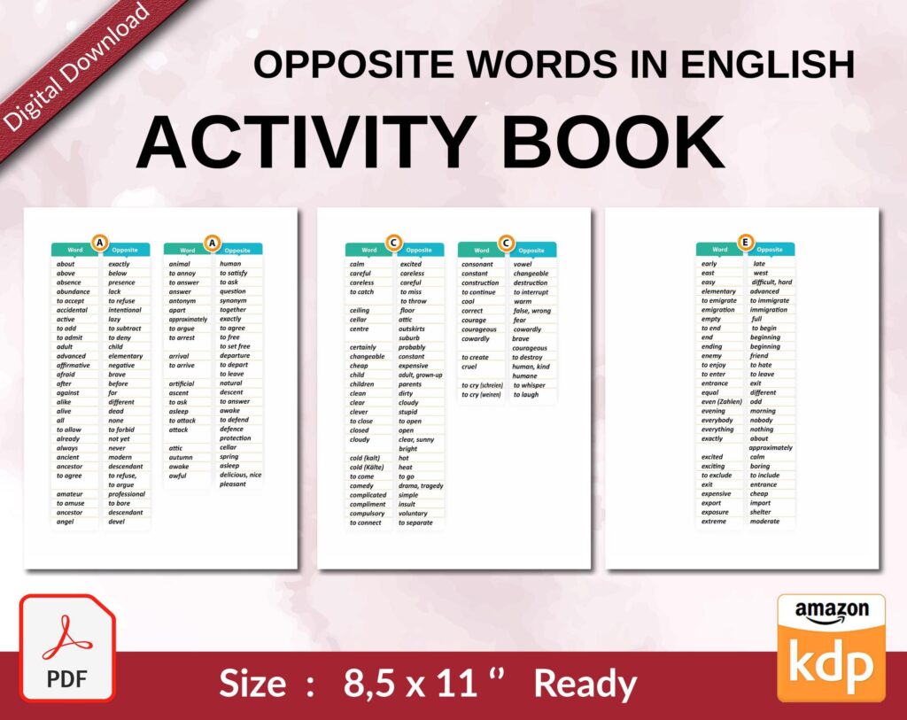 Opposite words in english Activity book PDF File 8.5×11 inch For Kids aged 2-4 4-8, KDP interior Ready To Upload COMMERCIAL Use
