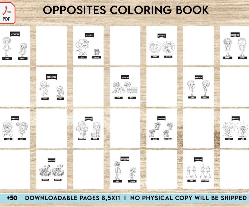 Opposites Coloring book Activity book PDF File 8.5×11 inch For Kids aged 2-4 4-8, KDP interior Ready To Upload COMMERCIAL Use