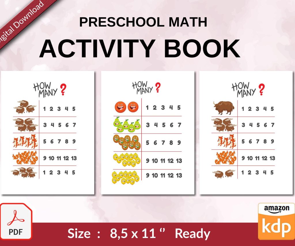 Preschool math Activity book PDF File 8.5×11 inch For Kids aged 2-4 4-8, KDP interior Ready To Upload COMMERCIAL Use