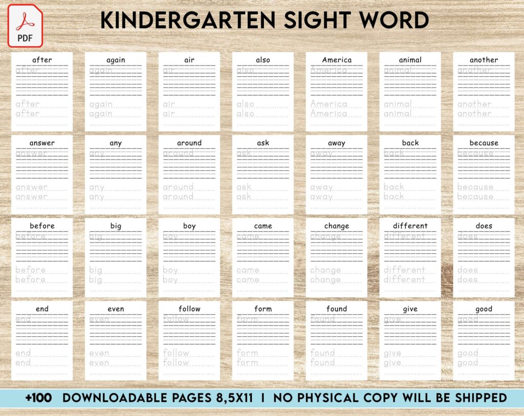 kindergarten sight word Activity book PDF File 8.5×11 inch For Kids aged 2-4 4-8, KDP interior Ready To Upload COMMERCIAL Use
