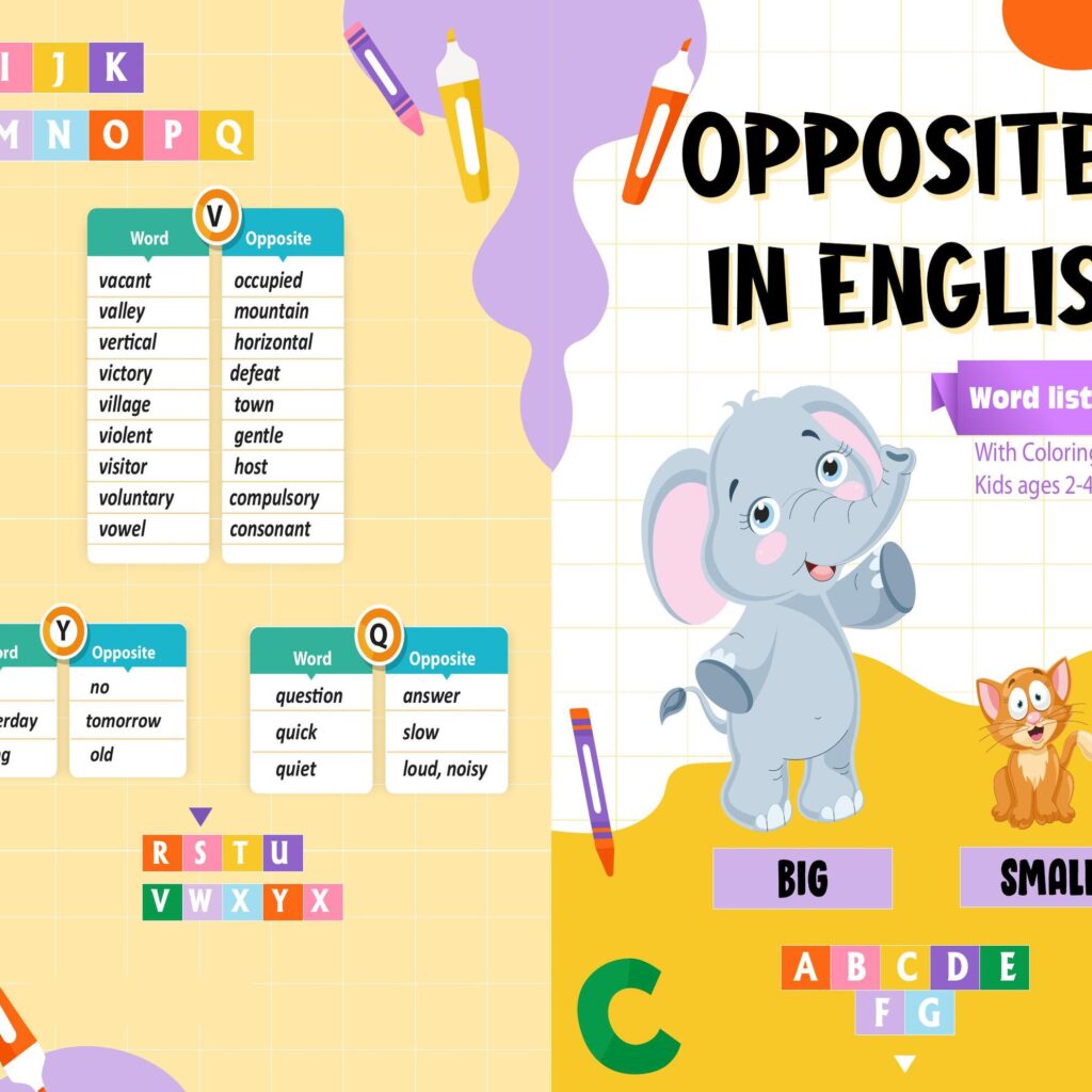 Opposite words in english Activity book PDF File 8.5×11 inch For Kids aged 2-4 4-8, KDP interior Ready To Upload COMMERCIAL Use