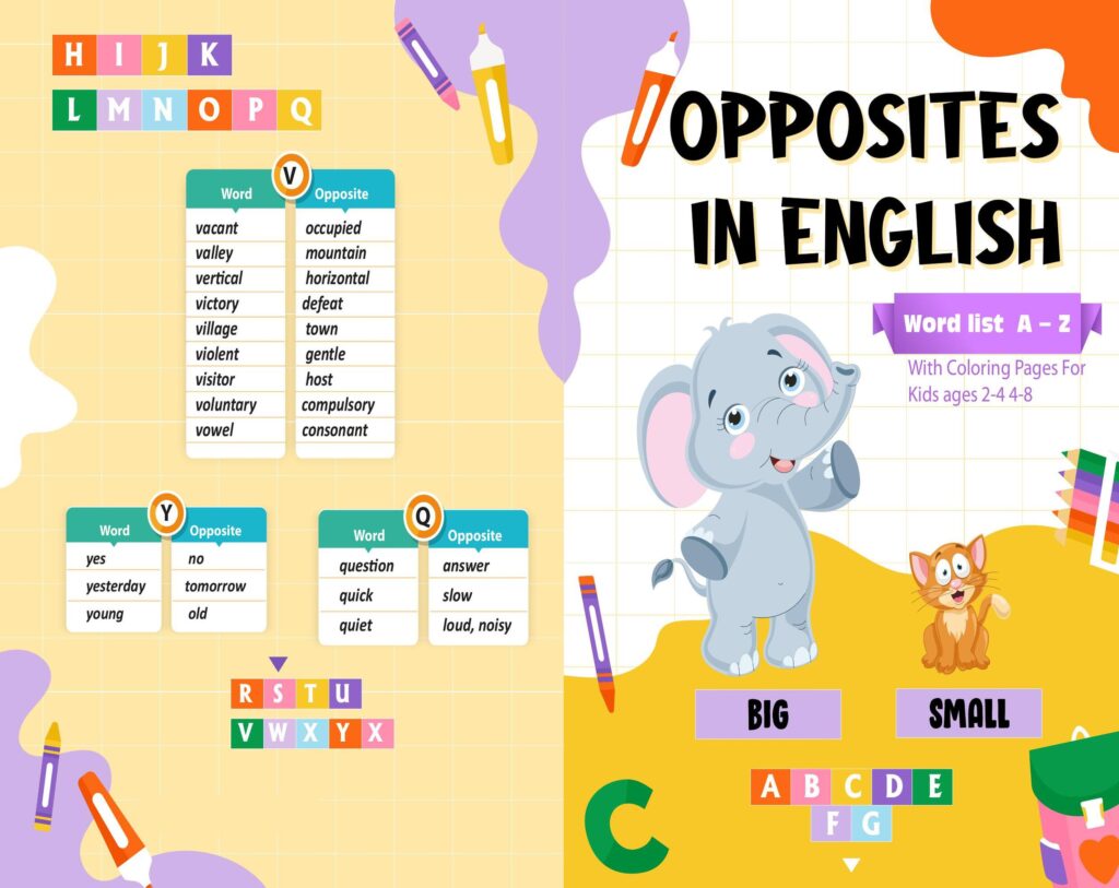 Opposite words in english Activity book PDF File 8.5×11 inch For Kids aged 2-4 4-8, KDP interior Ready To Upload COMMERCIAL Use