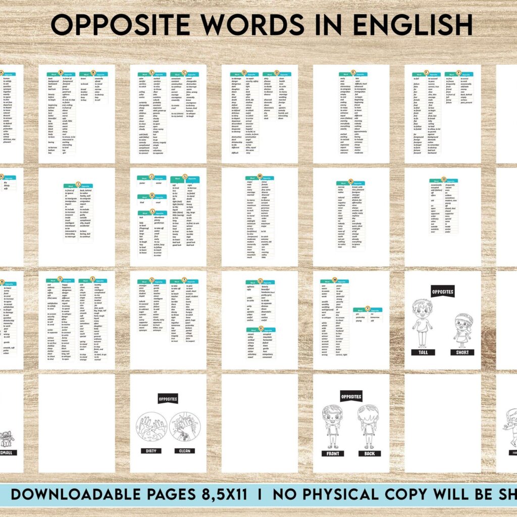 Opposite words in english Activity book PDF File 8.5×11 inch For Kids aged 2-4 4-8, KDP interior Ready To Upload COMMERCIAL Use