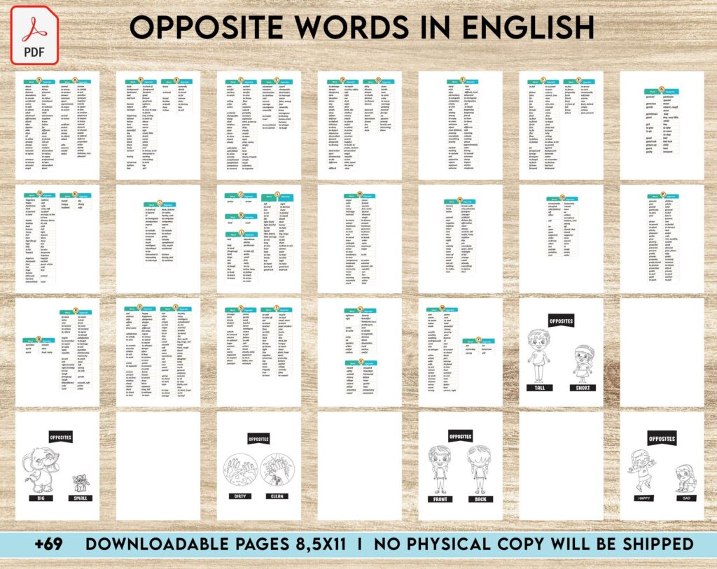 Opposite words in english Activity book PDF File 8.5×11 inch For Kids aged 2-4 4-8, KDP interior Ready To Upload COMMERCIAL Use
