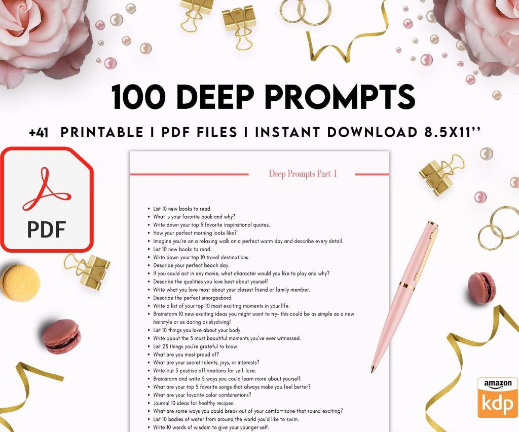 100 Journal Prompts, Deep thought Prompts, Prompts Mental Health Journal, Self Care Journal, Writing Prompts, PDF Printable, Kdp interior