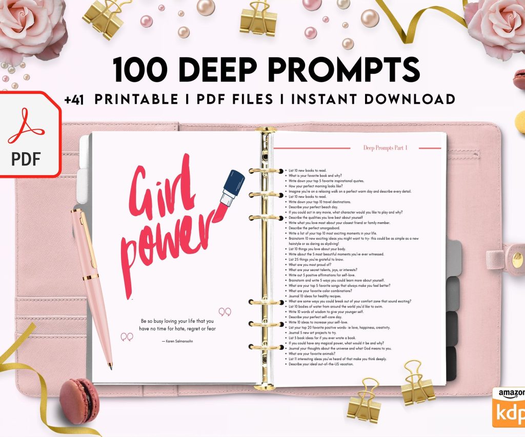 100 Journal Prompts, Deep thought Prompts, Prompts Mental Health Journal, Self Care Journal, Writing Prompts, PDF Printable, Kdp interior