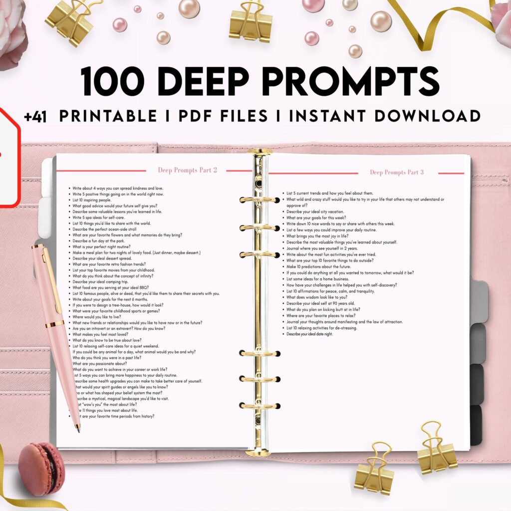 100 Journal Prompts, Deep thought Prompts, Prompts Mental Health Journal, Self Care Journal, Writing Prompts, PDF Printable, Kdp interior