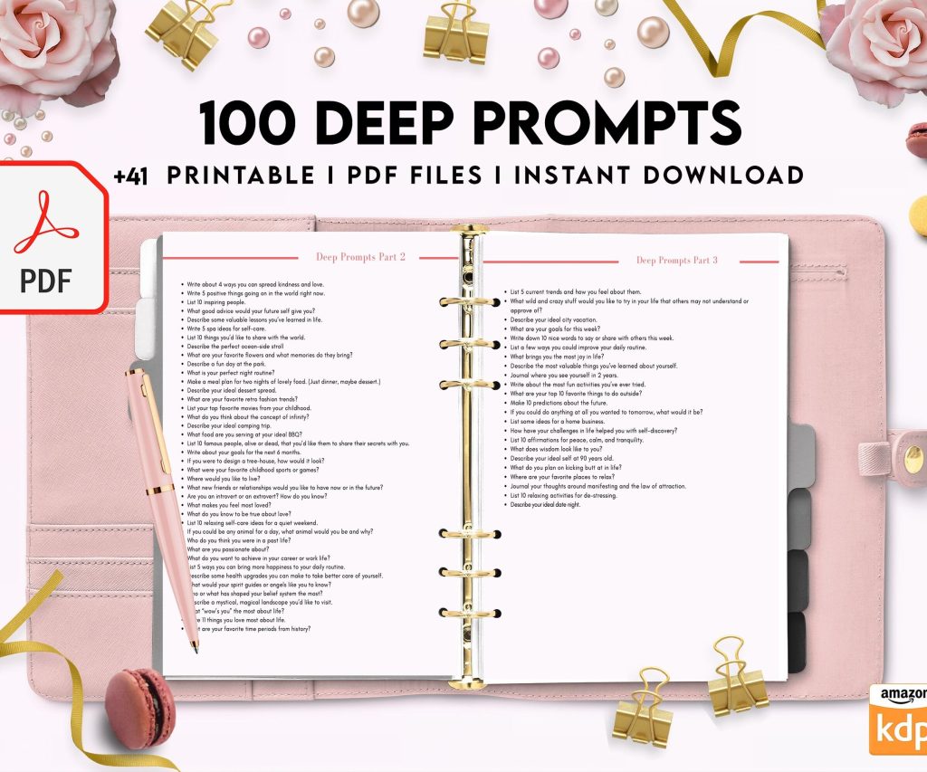 100 Journal Prompts, Deep thought Prompts, Prompts Mental Health Journal, Self Care Journal, Writing Prompts, PDF Printable, Kdp interior