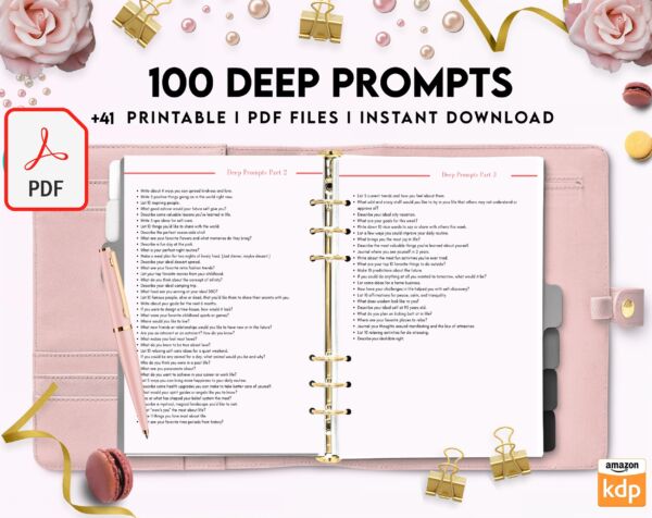 100 Journal Prompts, Deep thought Prompts, Prompts Mental Health Journal, Self Care Journal, Writing Prompts, PDF Printable, Kdp interior