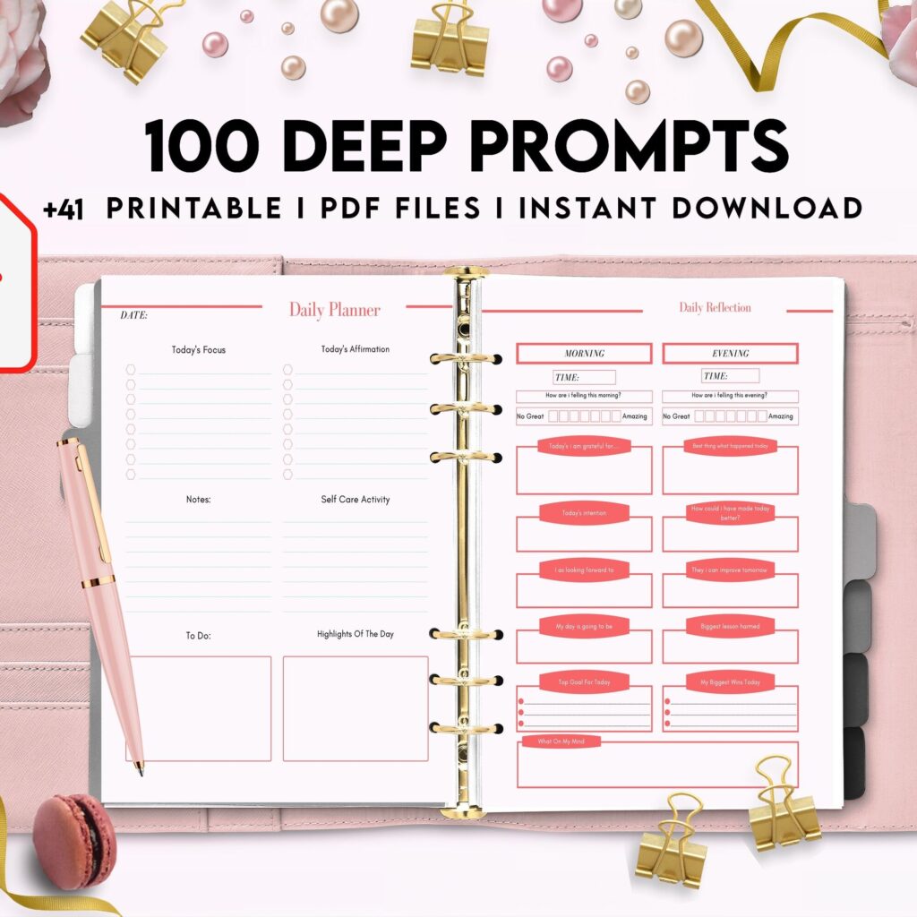 100 Journal Prompts, Deep thought Prompts, Prompts Mental Health Journal, Self Care Journal, Writing Prompts, PDF Printable, Kdp interior