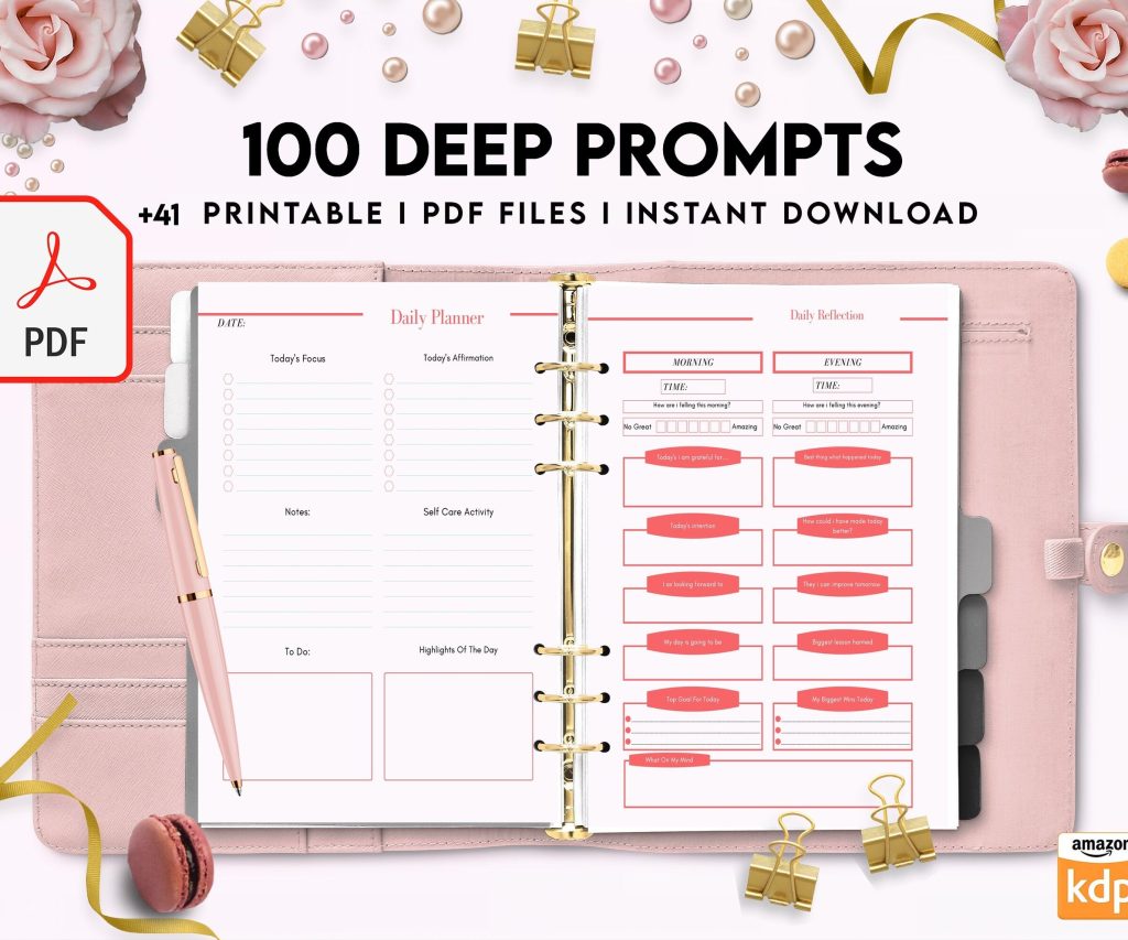 100 Journal Prompts, Deep thought Prompts, Prompts Mental Health Journal, Self Care Journal, Writing Prompts, PDF Printable, Kdp interior