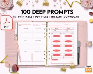 100 Journal Prompts, Deep thought Prompts, Prompts Mental Health Journal, Self Care Journal, Writing Prompts, PDF Printable, Kdp interior