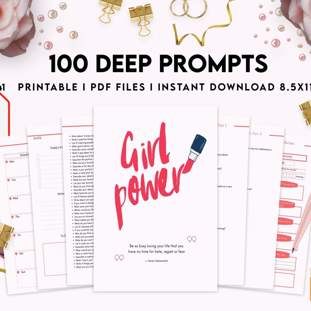 100 Journal Prompts, Deep thought Prompts, Prompts Mental Health Journal, Self Care Journal, Writing Prompts, PDF Printable, Kdp interior