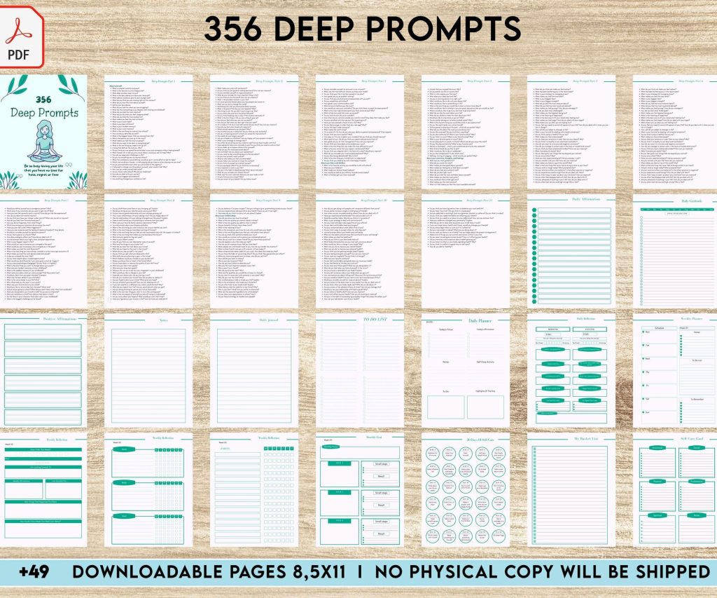 365 Prompts Journal, Mental Health Journal, Self Care Journal, Writing Prompts, PDF Printable, Kdp interior, binder journal