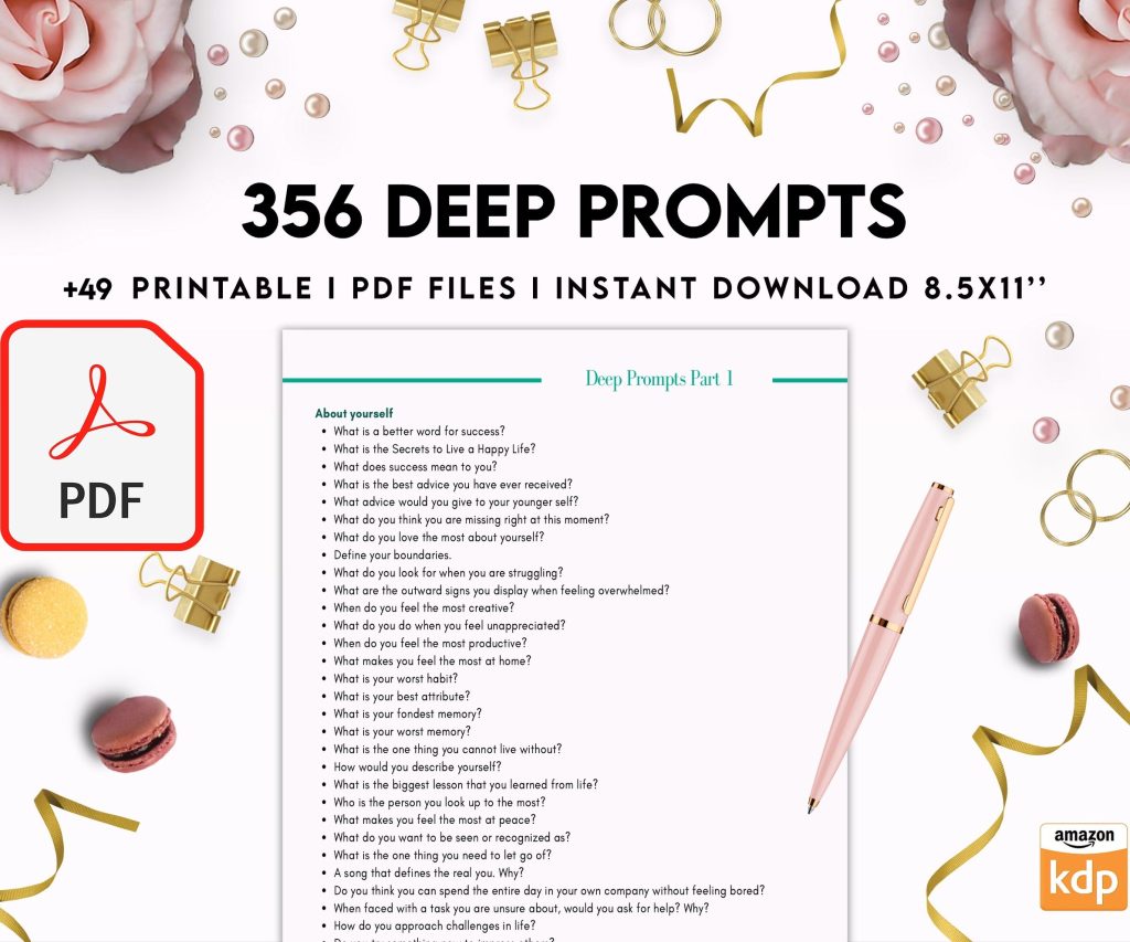 365 Prompts Journal, Mental Health Journal, Self Care Journal, Writing Prompts, PDF Printable, Kdp interior, binder journal