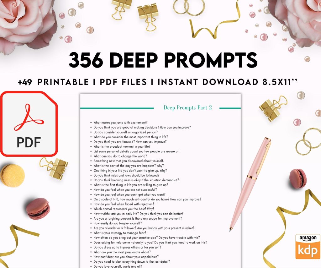 365 Prompts Journal, Mental Health Journal, Self Care Journal, Writing Prompts, PDF Printable, Kdp interior, binder journal