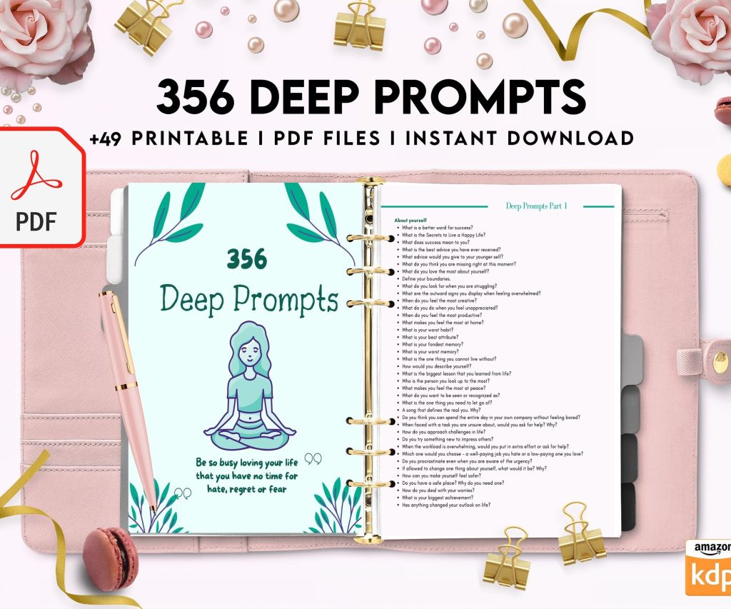 365 Prompts Journal, Mental Health Journal, Self Care Journal, Writing Prompts, PDF Printable, Kdp interior, binder journal