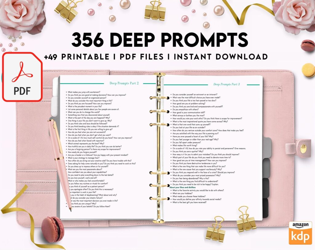 365 Prompts Journal, Mental Health Journal, Self Care Journal, Writing Prompts, PDF Printable, Kdp interior, binder journal