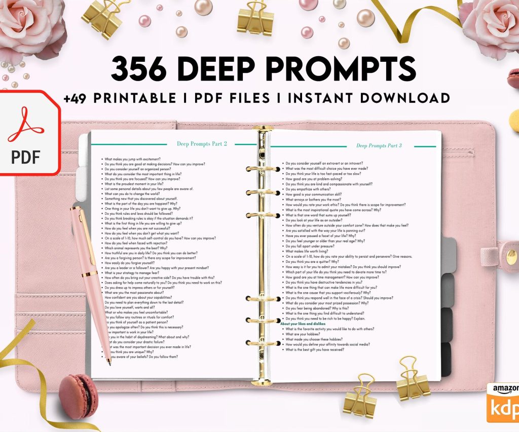 365 Prompts Journal, Mental Health Journal, Self Care Journal, Writing Prompts, PDF Printable, Kdp interior, binder journal