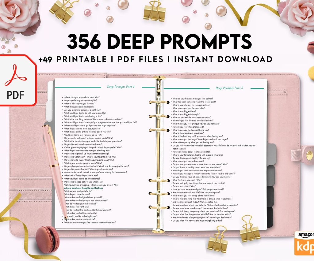 365 Prompts Journal, Mental Health Journal, Self Care Journal, Writing Prompts, PDF Printable, Kdp interior, binder journal