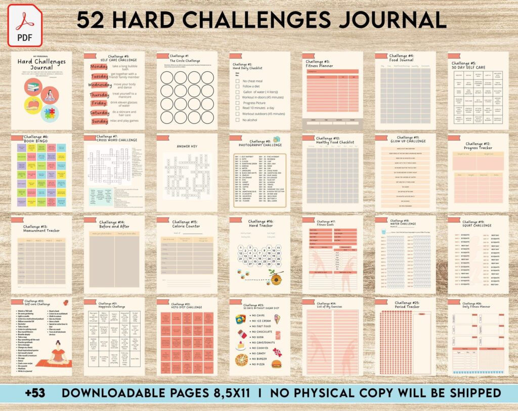 52 hard challenges, Daily challenges, diet, fitness, food, health, progress tracker, self care challenges, happiness, workout , PDF Printable, Kdp interior