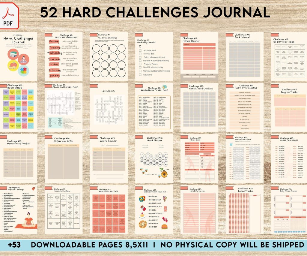 52 hard challenges, Daily challenges, diet, fitness, food, health, progress tracker, self care challenges, happiness, workout , PDF Printable, Kdp interior