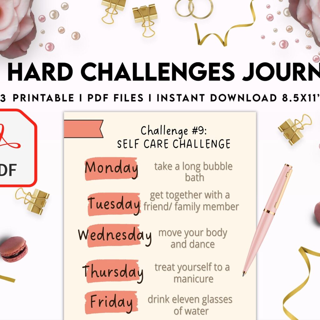 52 hard challenges, Daily challenges, diet, fitness, food, health, progress tracker, self care challenges, happiness, workout , PDF Printable, Kdp interior