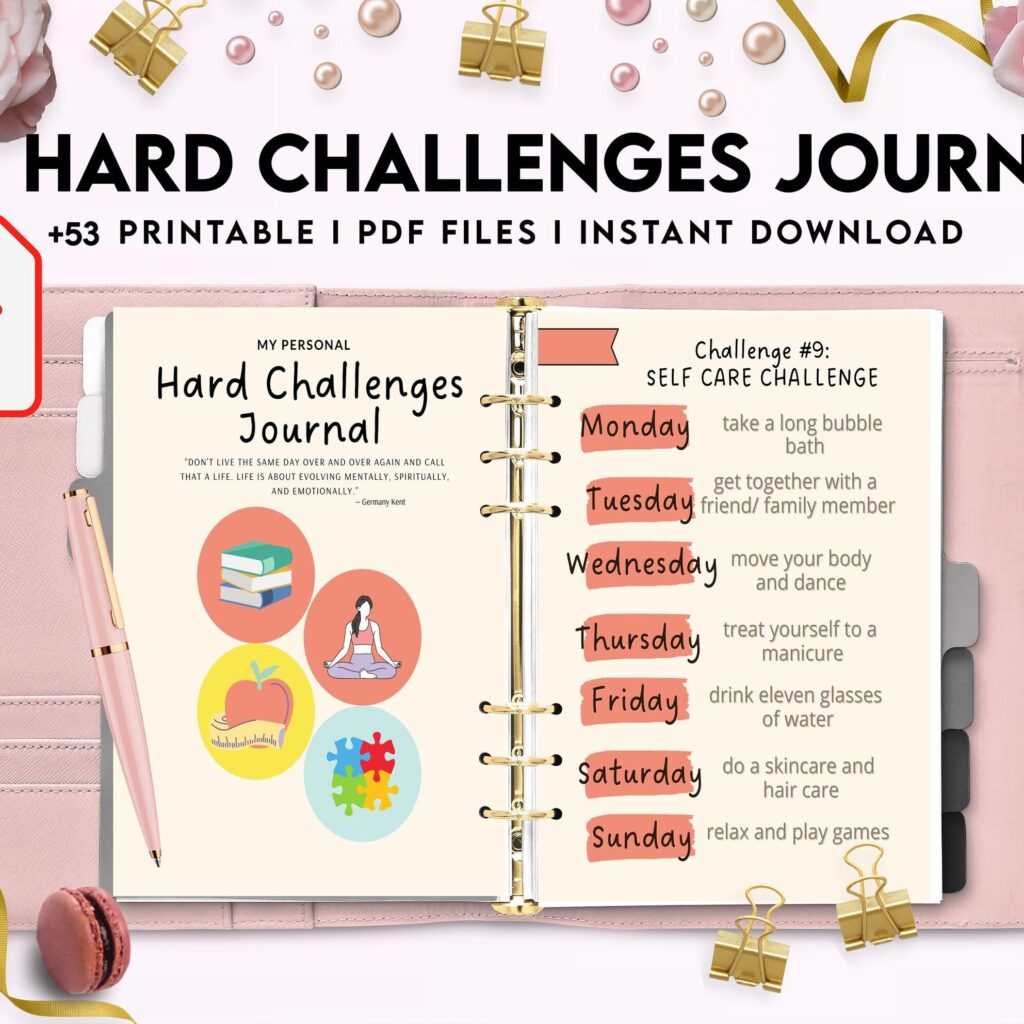 52 hard challenges, Daily challenges, diet, fitness, food, health, progress tracker, self care challenges, happiness, workout , PDF Printable, Kdp interior