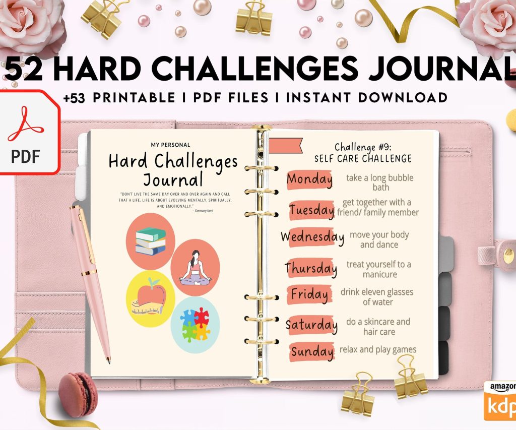52 hard challenges, Daily challenges, diet, fitness, food, health, progress tracker, self care challenges, happiness, workout , PDF Printable, Kdp interior