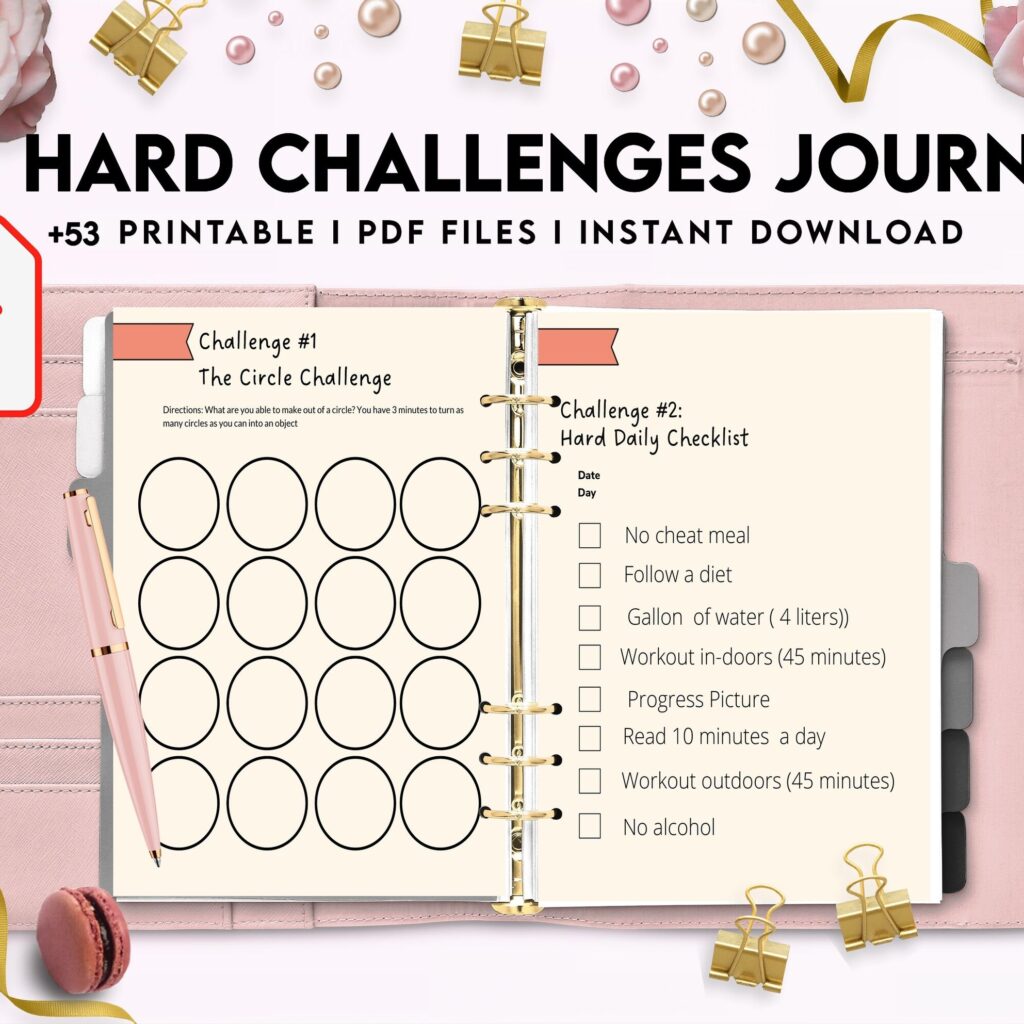 52 hard challenges, Daily challenges, diet, fitness, food, health, progress tracker, self care challenges, happiness, workout , PDF Printable, Kdp interior